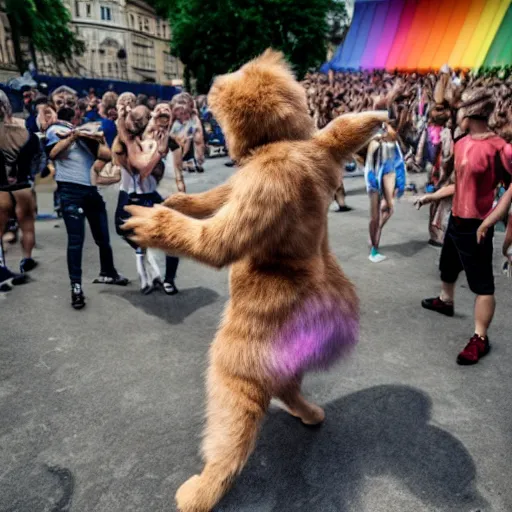 Prompt: a furry dancing to techno at a pride event in Prague, 4K photograph, National Geographic photo