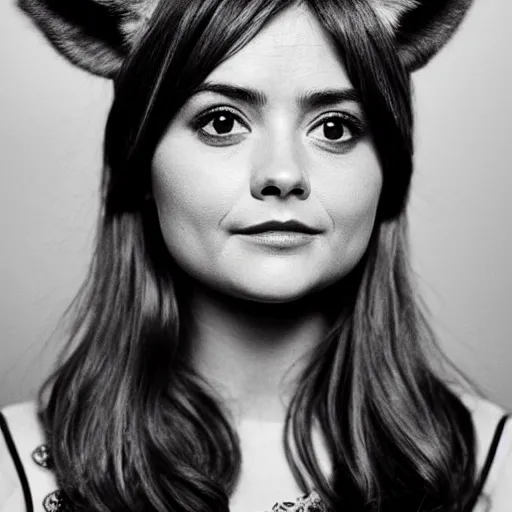 Image similar to jenna coleman with fox ears and fox facial features, furry face, close - up, headshot, detailed, symmetric