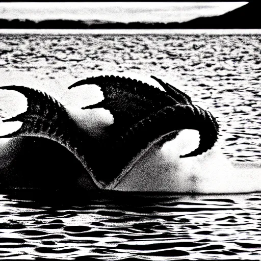 Image similar to a real life sea monster swimming in a lake, sight proof, black and white, blurry, old camera, grainy, motion blur, unfocused