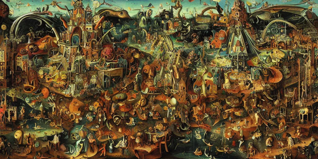 Prompt: wacky liminal funhouse megastructure in the style of heironymus bosch, intricate masterpiece, hyper detailed, hd