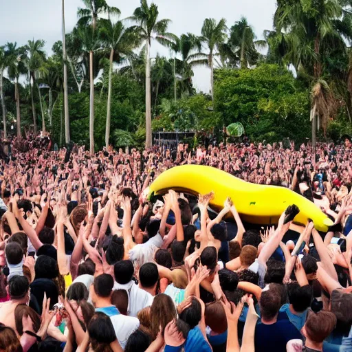 Prompt: a crowd of people worshipping a giant banana