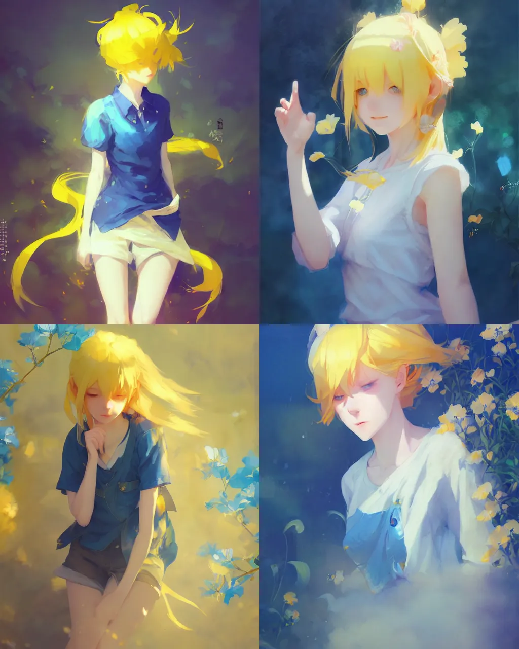 Prompt: girl with yellow hair and blue clothing, flower decoration on the background, a beautiful half body illustration, top lighting, perfect shadow, soft painting, art by hidari and krenz cushart and wenjun lin