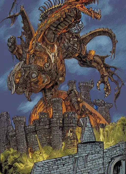 Image similar to intricate fantasy comic book drawing of a ( giant mechanical dragon ) over a ( stronghold castle ) by dariusz zawadski and simon stalenhag, simon bisley!, jack kirby!!! and gris grimly, cinematic, epic, awesome color palette