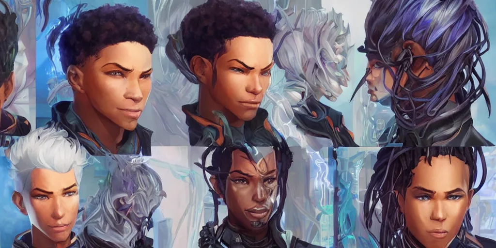 Image similar to concept art of young black male netrunner d & d video game characters head designs, unique hair designs, by marc brunet and artgerm