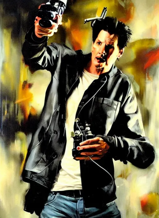 Image similar to zak bagans holding scientific equipment, enraged, painting by phil hale, 'action lines'!!!, graphic style, visible brushstrokes, motion blur, blurry