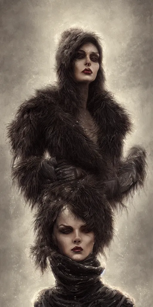 Image similar to a hardcore longshot portrait of a tall dark sombre woman wearing furs in autumn, hyperrealistic, highly detailed, intricate, sci-fi, sharp focus, trending on Artstation HQ, deviantart, unreal engine 5, 4K UHD image, in the style of Tom Bagshaw, Cedric Peyravernay, Peter Mohrbacher