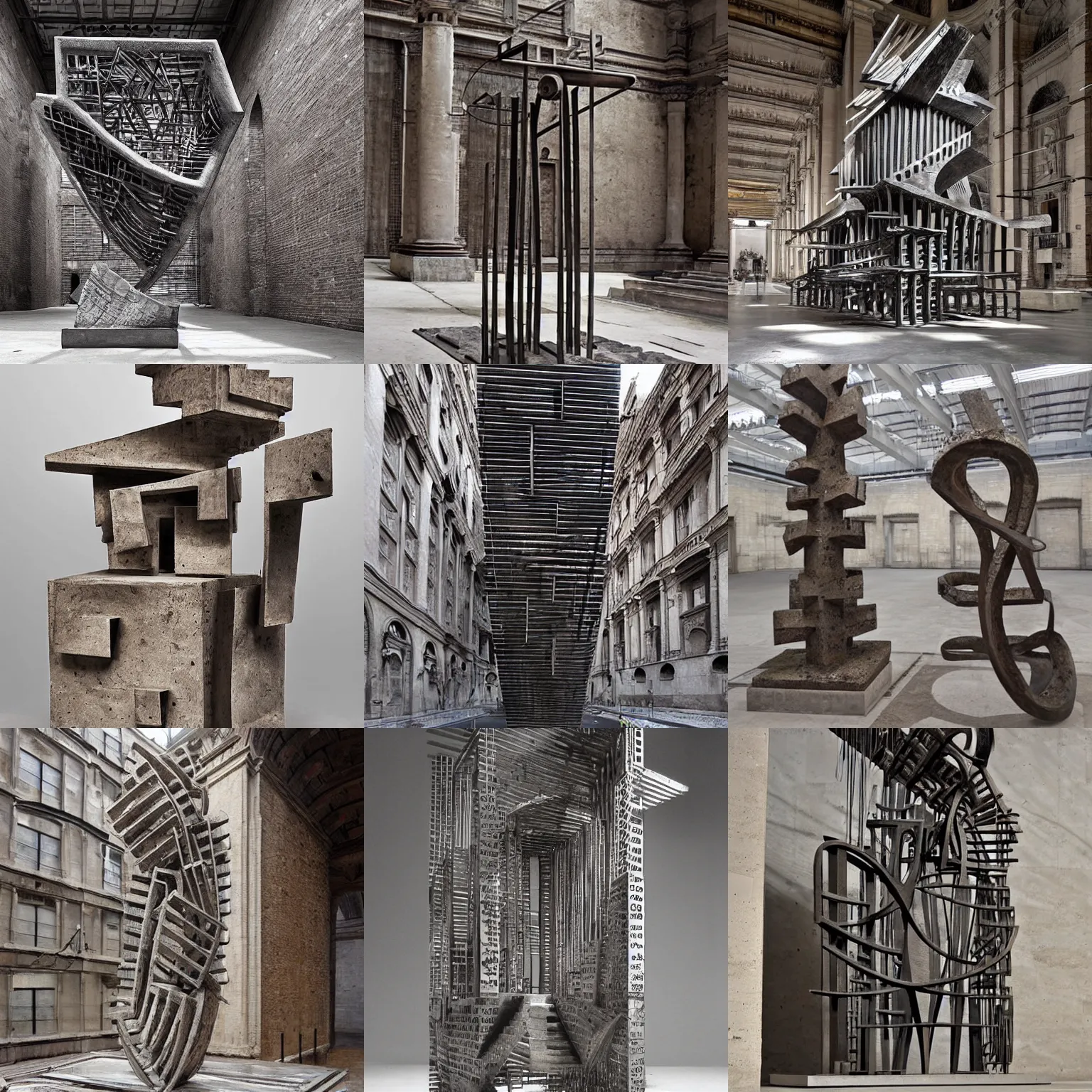 Prompt: Award-winning sculpture by Giovanni Battista Piranesi ((((and Eduardo Chillida)))). Made of steel