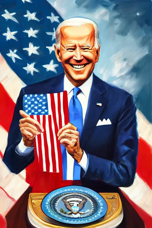 Prompt: oil painting, portrait of president biden, smiling, holding a giant bitcoin token, us flag, futurist style