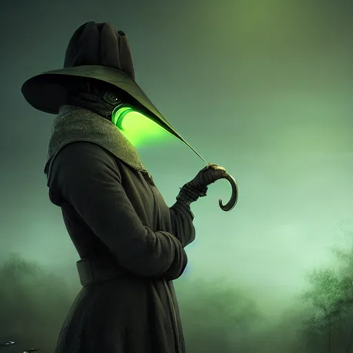 Prompt: portrait of a feminine plague doctor, front angle, green glowing eyes and background with detailed fog background and foreground, stunning 3 d render inspired art by greg rutkowski and xiang duan and thomas eakes, realistic, highly detailed attributes and atmosphere, dim volumetric cinematic lighting, 8 k octane detailed render, post - processing, masterpiece, soft vignette