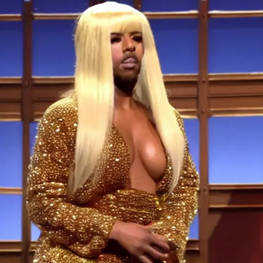 Image similar to kanye west wearing a blond wig snl monologue