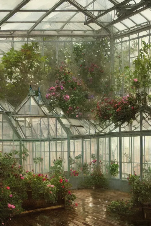 Image similar to a beautiful painting of a greenhouse, beside the window, rainy, gloomy and depressed, dark, low saturation, rococo, by krenz cushart and mucha and monet, trending on artstation.