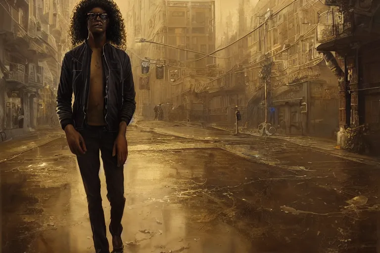 Prompt: A solarpunk very highly detailed black man at 20\'s years old with long curly hair, wearing glasses, guitarist, with very highly detailed face on the street of a very highly detailed smooth solarpunk city digital concept art by Greg Rutkowski, neofuturistic highly detailed, digital concept art, Dimensional cyan gold natural light, sharp focus, Golden Ratio illustration, realistic concept art by Stephen Hickman and James Gurney and Hiromasa Ogura Ghost in the Shell rendered in Octane Render, From the distance