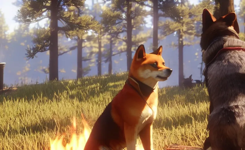 Prompt: A shiba inu dog in Red Dead Redemption 2, cinematic shot, campfire