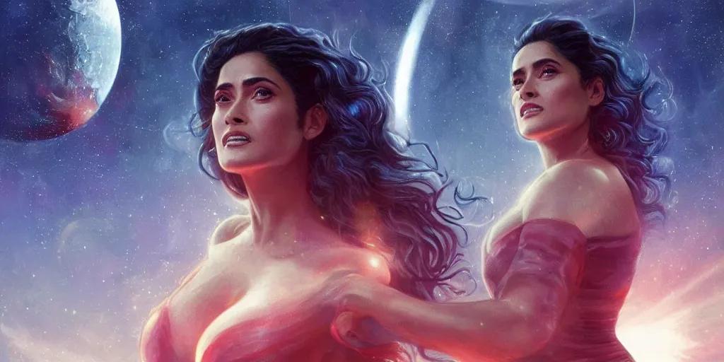 Prompt: Salma Hayek as a stunning , beautiful retro SCI-FI space heroine 1985 , movie poster, intricate, elegant, highly detailed, centered, digital painting, trending on artstation, concept art, smooth, sharp focus, illustration, art by raphael lacoste ,eddie mendoza ,alex ross, WLOP
