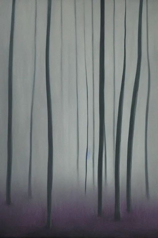 Prompt: dark and spooky painting of a forest dimly lit at night with tiny purple morning glory flowers trailing at the base of trees. foggy cinematic volumetric darkness, muted colour palette, detailed oil painting on canvas