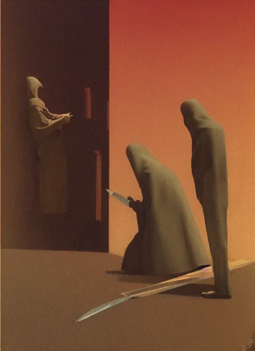 Image similar to paper bag over the head and a sward Edward Hopper and James Gilleard, Zdzislaw Beksinski, highly detailed