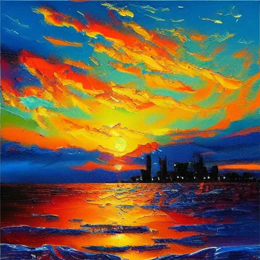 Image similar to an impasto oil painting of a stunning, colorful sunset painted by ken hong leung