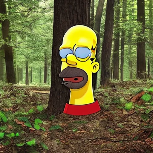 Prompt: Photorealistic homer Simpson in the woods creepy