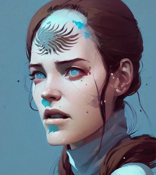 Image similar to portrait of a woman raised on the island face tatooes by atey ghailan, by greg rutkowski, by joe fenton, by james gilleard, by kaethe butcher, by craig mullins, dynamic lighting, gradient light blue, brown, blonde cream and white color scheme, grunge aesthetic