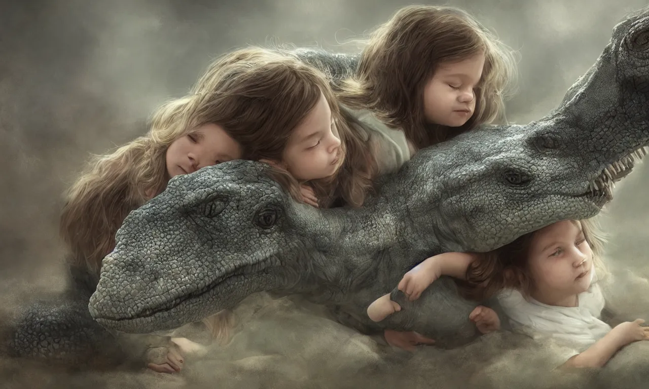 Image similar to portrait of a little girl cuddling with her beloved tyrannosaurus, very high detail, raytracing, back light, raymarching, by ilm, by digital domain, by weta digital