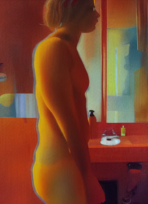 Image similar to a beautiful glitched painting by christian hook and alex kanevsky of a woman in a bathroom, still life, warm colors