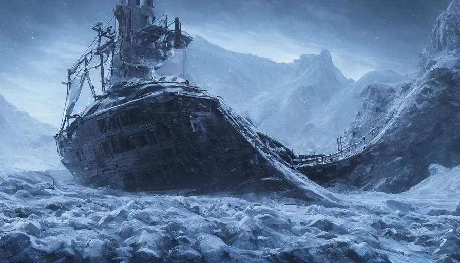 Image similar to abandoned ship in snowy mountains in a frozen planet, hyperdetailed, artstation, cgsociety, 8 k