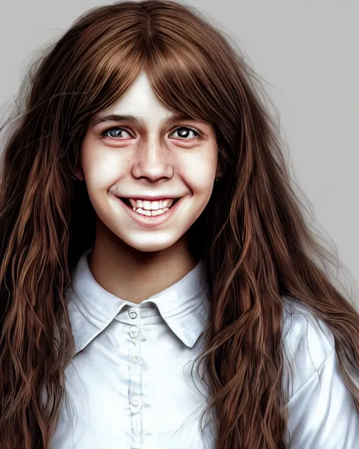 Image similar to close up portrait of 1 5 - year - old girl, smile with large front teeth, hermione granger, very bushy brown hair, and very bright brown eyes, wearing white shirt, hyper realistic face, beautiful eyes, character art, art by mark brooks, hyperdetailed, cryengine, trending on artstation, digital art