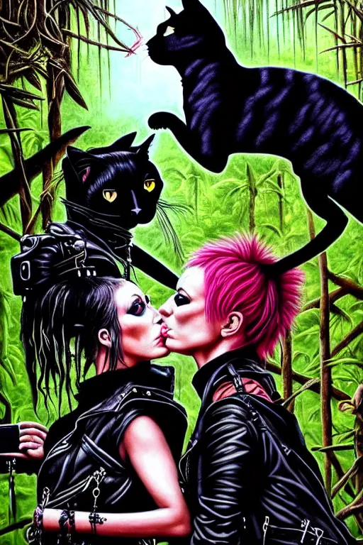 Image similar to punk rock girls kissing and making selfie with black cats in jungle , 1980 style, mad max jacket, post apocalyptic, Cyberpunk, renaissance, Gothic, mystic, highly detailed, 4k, fog, oil painting on canvas, Matrix movie, hyper realistic style, fantasy by Olga Fedorova