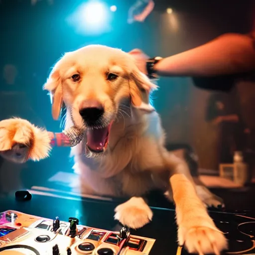 Image similar to a photograph of a DJ golden retriever dog, playing at a nightclub