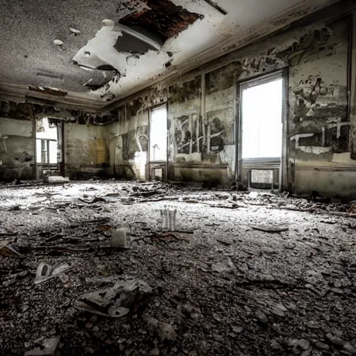 Image similar to the inside of an abandoned hospital, skeleton heads on the floor of the ruined hospital, realistic lighting