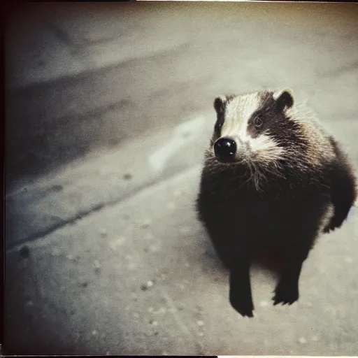 Image similar to 90s retro polaroid photo of a handsome old badger wearing a leather jacket on a gloomy day in the city, image artifacts