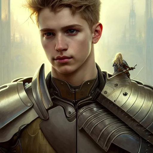 Image similar to portrait painting of a young melancholic man with a soft face and short light blonde hair wearing armor, ultra realistic, concept art, intricate details, eerie, highly detailed, photorealistic, octane render, 8 k, unreal engine. art by artgerm and greg rutkowski and charlie bowater and magali villeneuve and alphonse mucha