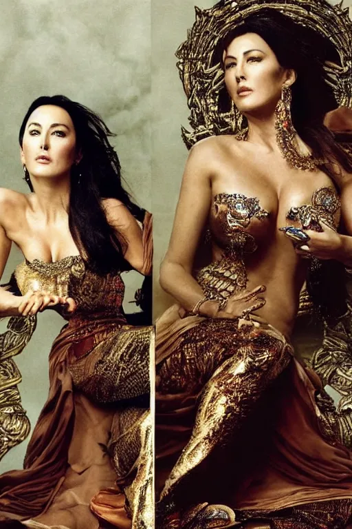 Prompt: Monica Bellucci as a Goddess sitting on a throne, Detailed Face