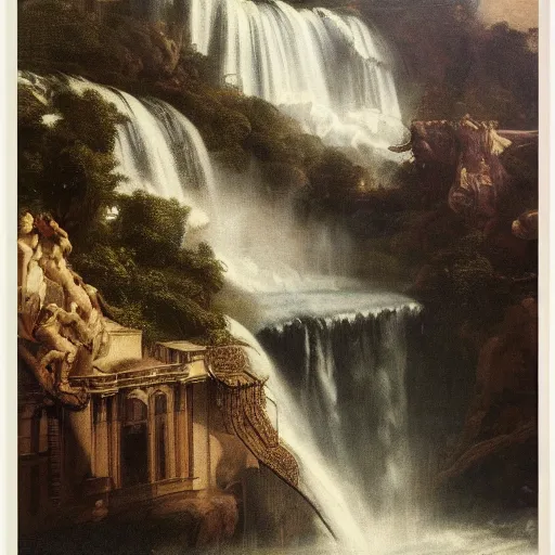 Image similar to A beautiful collage of a waterfalls going into a city. lithograph by Roberto Ferri, by Chip Zdarsky decorative