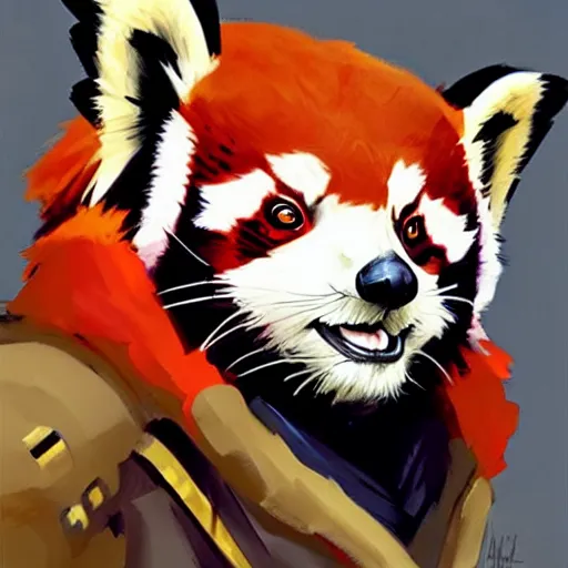 Image similar to greg manchess portrait painting of red panda as overwatch character, medium shot, asymmetrical, profile picture, organic painting, rainy day, matte painting, bold shapes, hard edges, street art, trending on artstation, by huang guangjian and gil elvgren and sachin teng