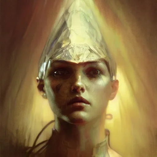 Image similar to hyperrealist portrait of pyramid head by jeremy mann and alphonse mucha, fantasy art, photo realistic, dynamic lighting, artstation, poster, volumetric lighting, very detailed faces, award winning