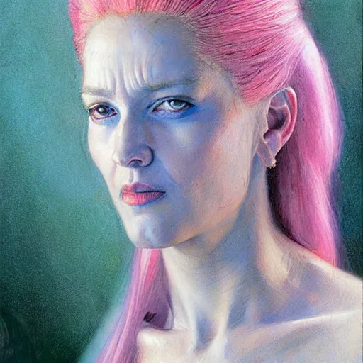 Image similar to portrait of a blue and pink queen by donato giancola.