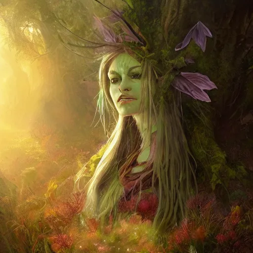 Prompt: cinematic painting, portrait of a dryad, inspired by brian froud, inspired by dungeons and dragons, fey, mysterious, in an evening autumn forest, trending on art station, cinematic sunset evening lighting, ominous shadows by jessica rossier