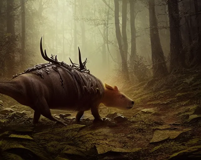 Image similar to 5 5 mm portrait photo of an armored demonic capybara with antlers, in a magical forest. dark atmosphere. art by greg rutkowski. highly detailed 8 k. intricate. lifelike. soft light. nikon d 8 5 0.