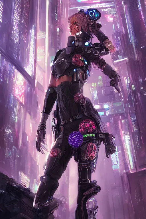 Image similar to portrait futuristic Cyber warrior Girl, in future cyberpunk tokyo rooftop , ssci-fi, fantasy, intricate, very very beautiful, elegant, neon light, highly detailed, digital painting, artstation, concept art, smooth, sharp focus, illustration, art by WLOP and tian zi and alphonse mucha