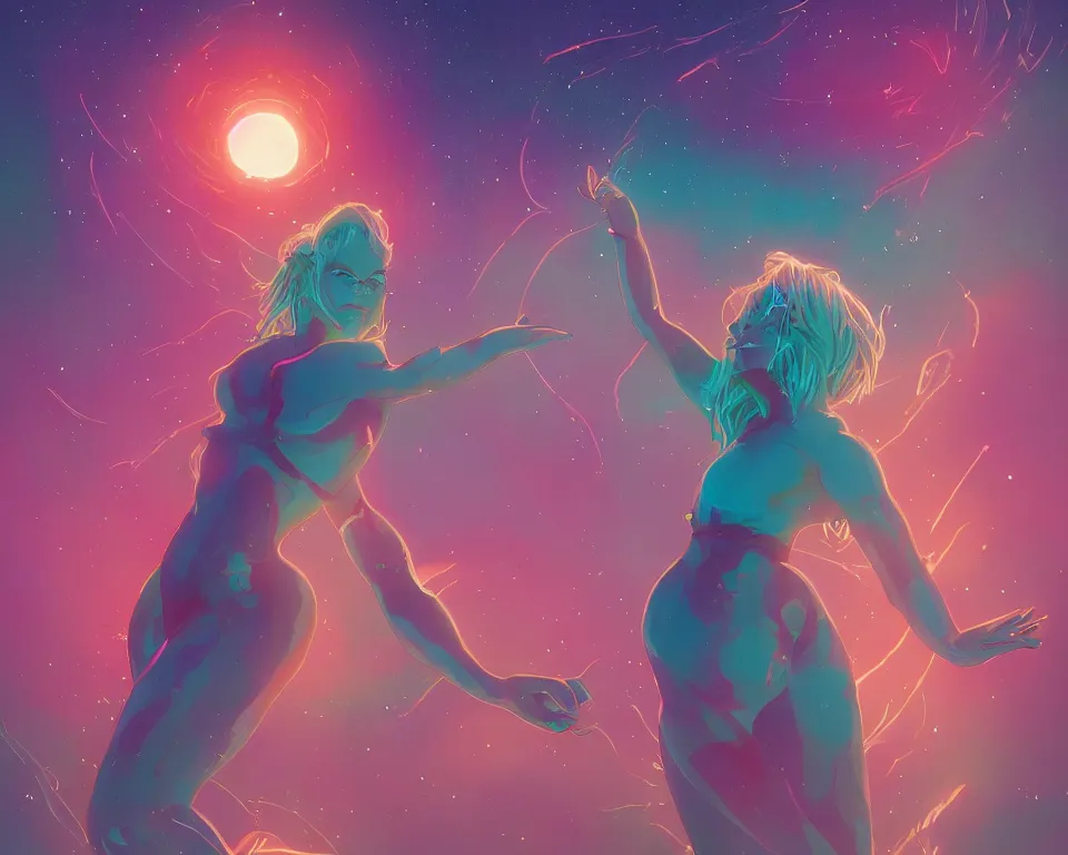 Image similar to beautiful determined goddess standing in a lake basking in the moonlight, conjuring a demon, underneath a multi-colored binary blackhole with an accretion disc, glowing trails following her arms, wearing professional makeup, synthwave, by Lois van Baarle, by Greg Rutkowski, by artgerm, by beeple, by studio ghibli, cinematic angle, volumetric lighting, 4k resolution, octane render, trending on artstation, masterpiece