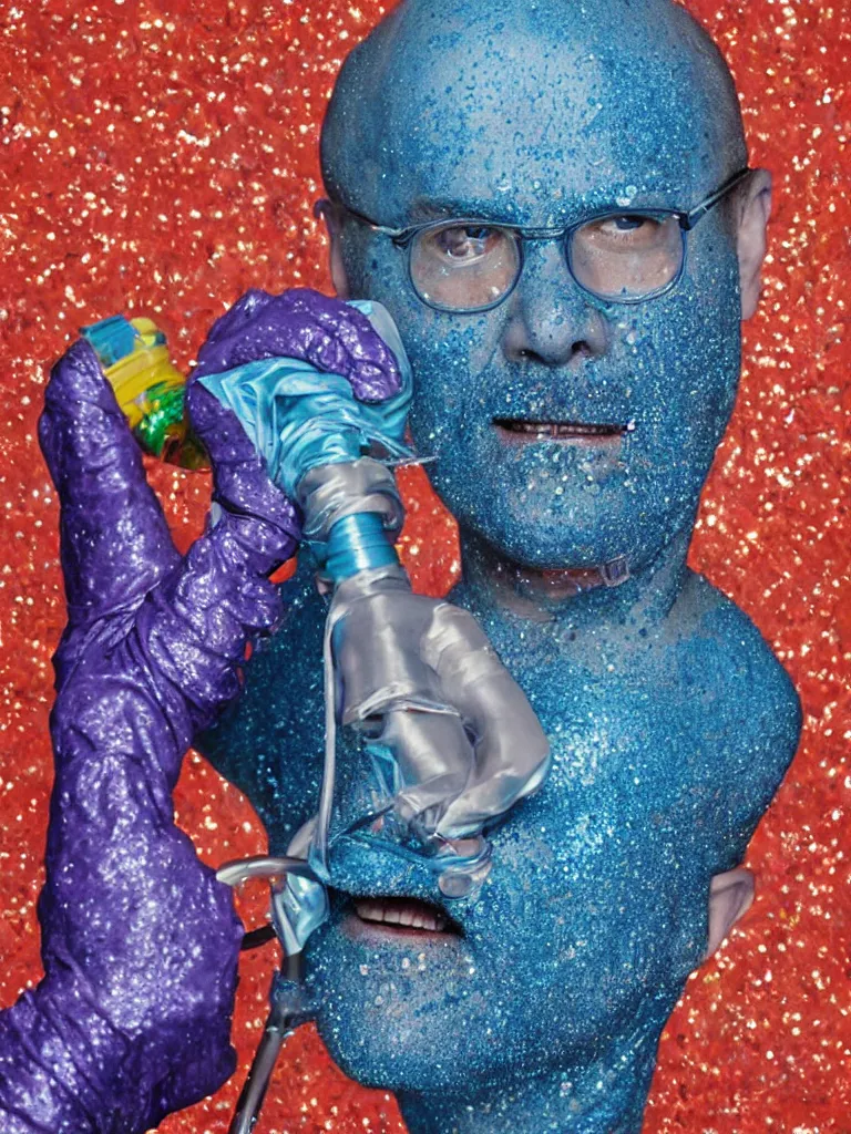 Image similar to Tobias fünke as a Blue Man drinking glitter from a garden hose, highly detailed portrait