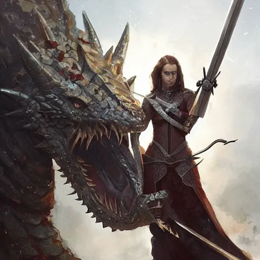 Image similar to emily blunt as a medieval knight, sword plunging into a dragon, shield held high protecting her from its flaming breath, fantasy art by greg rutkowski