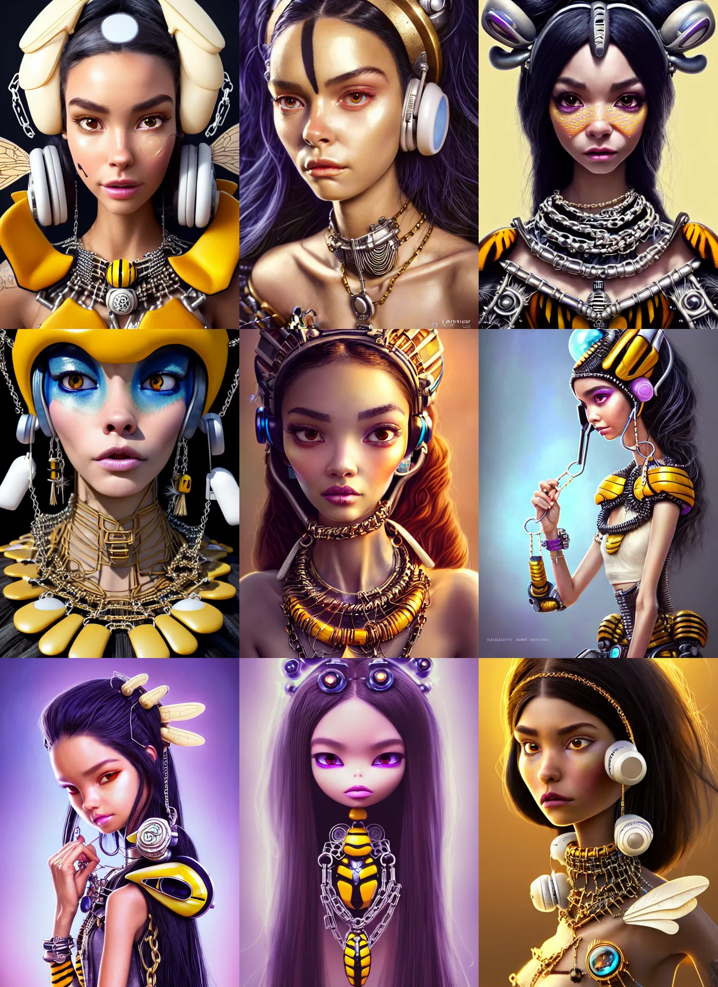 Prompt: pixar weta portrait, beautiful lustrous ivory white edm clowncore bumblebee madison beer aztec woman, earbuds, chains, bling, sci - fi, fantasy, cyberpunk, intricate, decadent, highly detailed, digital painting, ever after high, octane render, artstation, concept art, smooth, sharp focus, illustration, art by artgerm, loish, wlop