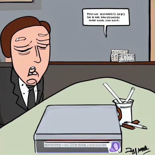 Prompt: saul goodman snorting cocaine off an office table, cartoon