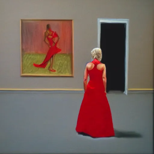 Prompt: woman in the red dress is slow dancing in the burning room, realism, photo-realism, hyper-realism, leica 35mm