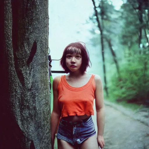 Prompt: cottagecore cyberpunk portrait photograph of a cute young woman, short hair, naturist, natural, tank top, Cinestill 800T