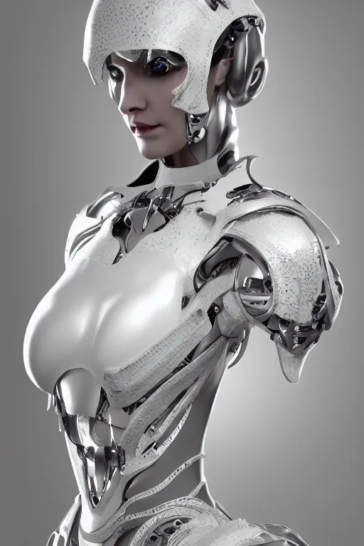 Image similar to white cyborg fashion shot, copper spiral decorations, white elegant baroque design, smooth heads, headshot half figure, photorealistic, 8k, hyper detailed, unreal engine, trending on artstation,