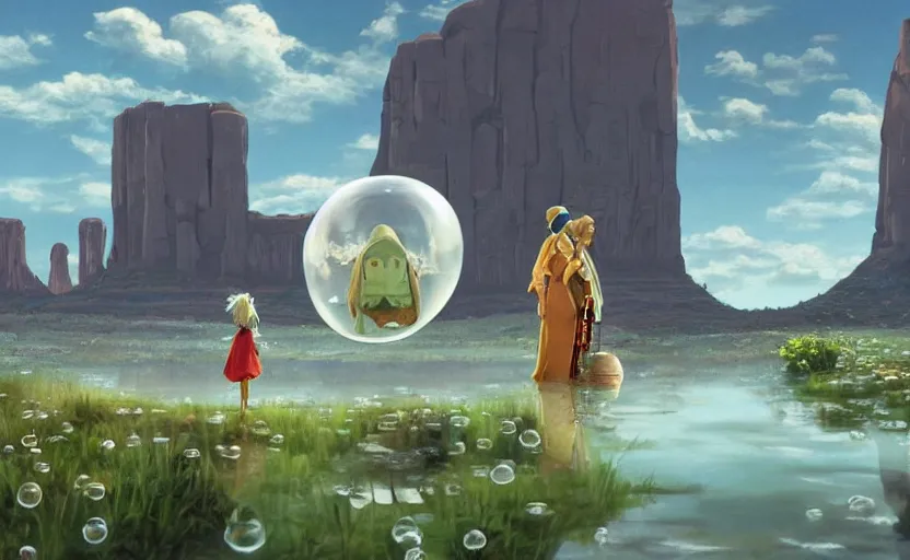 Image similar to a scary hyperrealist painting of a guru in a giant transparent bubble from howl's moving castle ( 2 0 0 4 ) in a flooded monument valley stonehenge jungle. depth perception, 4 k, artstation, in the style of studio ghibli