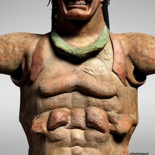 Prompt: reconstructed model of the historical fred flintstone, anthropology, prehistoric man, hyperreal, 8 k, very detailed, museum of natural history